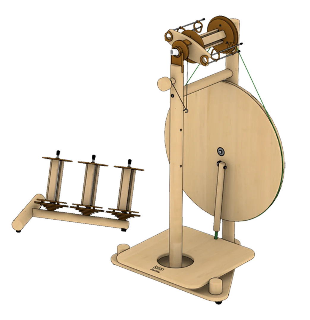 Lojan Buddy Spinnrad mit breitem Einfachtrittbrett und Lazy Kate mit drei Spulen aus Buchenholz, modernes Spinnrad für Handspinner