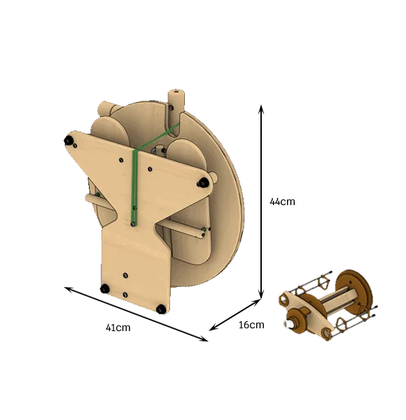 Lojan Travel Buddy Spinnrad von hinten zusammengeklappt mit Maßangaben – platzsparendes Design mit kompakten Abmessungen