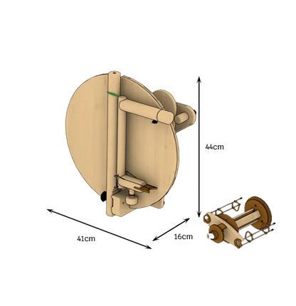Zusammengeklapptes Lojan Travel Buddy Spinnrad mit Maßangaben – platzsparendes, tragbares Spinnrad mit separater Spule
